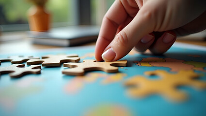 Fototapeta premium Woman hand connecting jigsaw puzzle desk business solutions success strategy concept concept as Woman connects jigsaw puzzle pieces on desk representing strategic business solutions and success in Ph