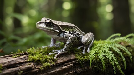 Cope's Gray Treefrog Mid-Hop Across a Log in a Shaded Woodland