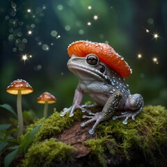 Cope's Gray Treefrog in a Tiny Hat Sitting on a Mushroom Surrounded by Glowing Fireflies