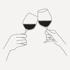 Clinking wine glasses line art illustration vector