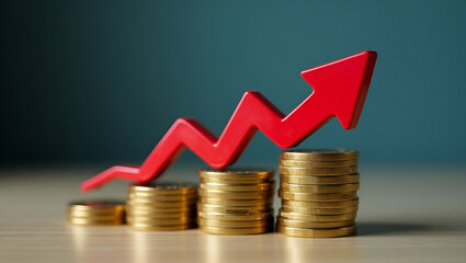 Stack of Gold Coins with Red Arrows: Symbolizing Financial Growth, Stock Market Rise, and Investment Success - Perfect Photo Stock Concept with Empty Space for Your Creative Needs