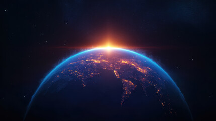 Obraz premium stunning view of Earth from space, showcasing planet curvature illuminated by sunrise. vibrant colors of atmosphere and city lights create breathtaking scene of natural beauty and human