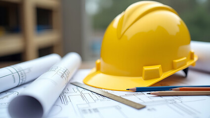 Yellow Safety Helmet and Architectural Blueprints on Construction Table
