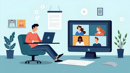 Smart Working: Flat Vector Illustration of Business Team Collaborating via Online Video Conference Anywhere with Wireless Internet Technology for Enhanced Productivity