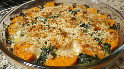 A spinach and sweet potato casserole topped with breadcrumbs and cheese.