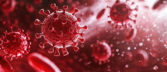 image depicts close up view of virus particles in red environment, showcasing intricate details of virus structure. vibrant colors and textures evoke sense of urgency and scientific exploration
