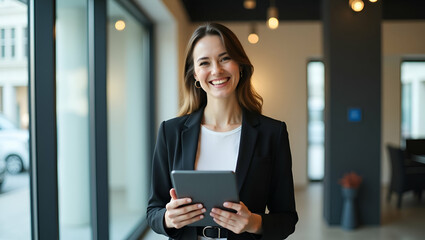 Flat Young Professional Businesswoman Smiling with Digital Tablet in Modern Office - Showcasing Technology Use in Business | Cute Vector Illustration for Smart Business Tone