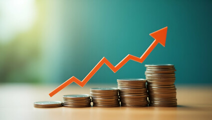 Businessman Stacking Coins with Up Arrow and Percentage Symbol for Financial Growth and Investment Dividends