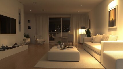 Cozy Scandinavian minimalist living room featuring soft beige furniture and warm lighting in an airy, peaceful setting