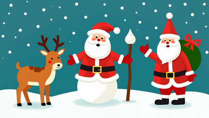 Festive Christmas Greeting Card with Santa, Snowman & Reindeer Vector Art
