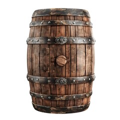 Obraz premium A wooden barrel with metal bands, often used for aging beverages like wine or whiskey. isolated on white background