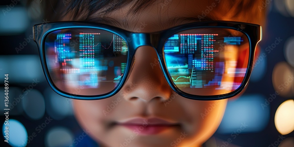 Poster Close-Up View of Person Analyzing Data Trends on Computer Screens with Financial Graphs and Charts Reflected in Stylish Glasses
