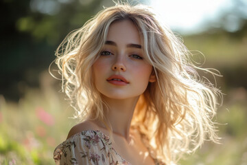 Fototapeta premium Woman with blonde hair in floral dress admiring sunset over a beach, waves gently lapping at shore, creating a tranquil and serene atmosphere.