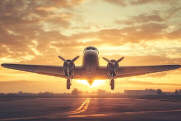 Airplane on the runway at sunset.