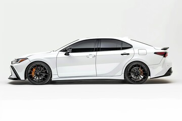 Fototapeta premium A sleek white sedan with black wheels, showcasing a modern automotive design. isolated on white background