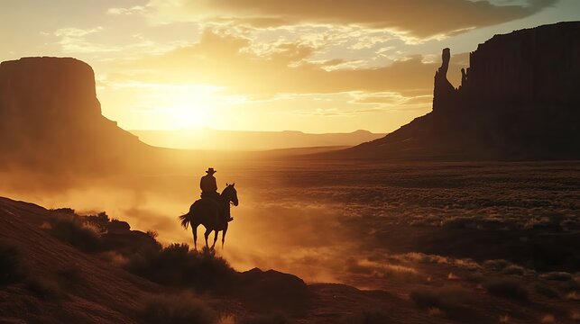 Cowboy on horseback at sunset in Monument Valley
