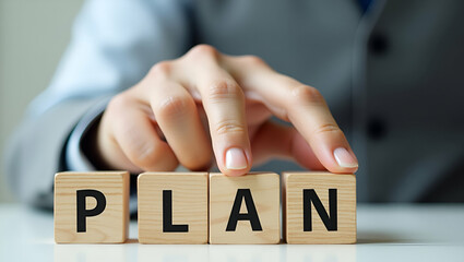 Flat Businessman hand arranging wood block icon business strategy action plan copy space concept as Businessman arranges wooden blocks business strategy icons highlights action oriented planning in  S