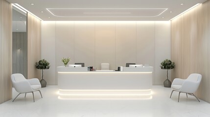 A modern medical office reception area with a welcoming desk, chairs, and magazines for patients waiting.