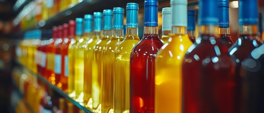 Variety of colorful wine bottles displayed on a store shelf