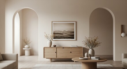 Boho, mediterranean interior design of modern home entryway, hall with arched walls.
