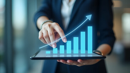 Flat Businesswoman Hands Pointing at Business Graph: Cute Vector Illustration Presenting Financial Information in a Corporate Setting for Smart Business Insights and Analysis