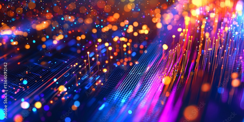 Poster futuristic cityscape with vibrant lights and digital elements in a high-tech world