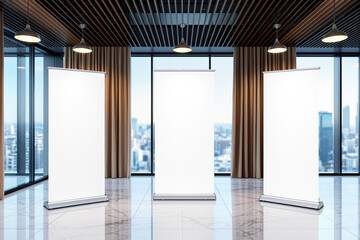 Three blank roll-up banners in a bright modern interior with large windows, marble flooring, and pendant lighting, ideal for presentation or advertising. Ai generative