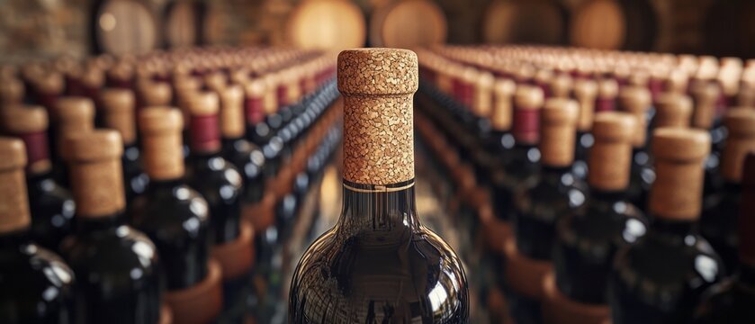 Rows of dark wine bottles are resting in a cellar
