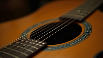 Fototapeta premium Close-Up of Vibrating Strings on Acoustic Guitar: Craftsmanship & Performance
