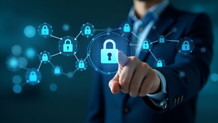 Enhance Your Business Security: Flat Vector Illustration of a Hand Clicking a Cybersecurity Icon on a Virtual Screen for Data Protection and Privacy in Networking