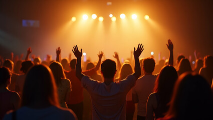 Flat Christian Worship Concert Background: Celebrate Easter and Sunday with a Vibrant Community Singing Praises to God in a Cute Vector Illustration of Faith and Togetherness