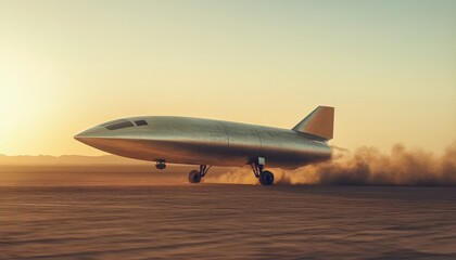 Fototapeta na wymiar Hypersonic aircraft prototype testing on a desert runway during sunset trial flight