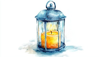 A blue lantern with a glowing orange candle inside, providing a warm and inviting ambiance against a soft background.