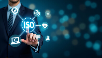 Businessman touches ISO certification symbols on digital interface representing quality assurance compliance global standards and international standardization. concept as Businessman touches ISO cert