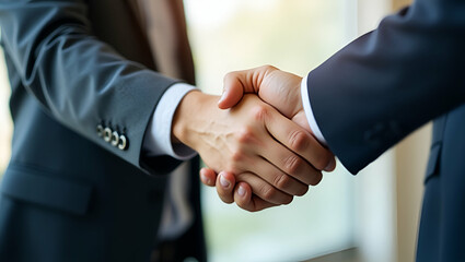 Fototapeta premium Flat Vector Illustration of Business People Shaking Hands: Symbolizing Successful Partnerships and Collaboration in a Professional Environment