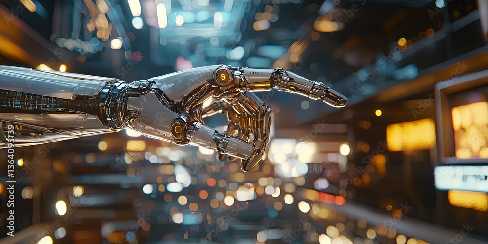 Poster Futuristic robotic hand reaching towards a transparent surface in a high-tech industrial environment with blurred lights and machinery in background