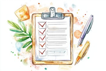 A colorful checklist illustration with checkmarks, surrounded by greenery and artful splashes, symbolizing organization and productivity.