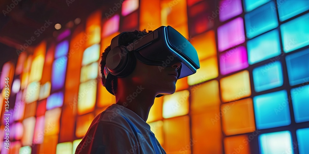 Aufkleber young man wearing virtual reality headset with colorful digital screens in the background showcasing