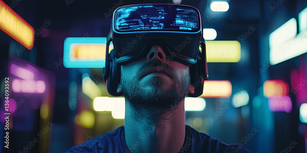 Aufkleber young man wearing virtual reality headset with colorful digital screens in the background showcasing