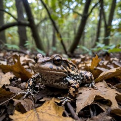 Fototapeta premium Oak Toad Sheltered Under a Mushroom with Fireflies in a Mystical Forest at Night