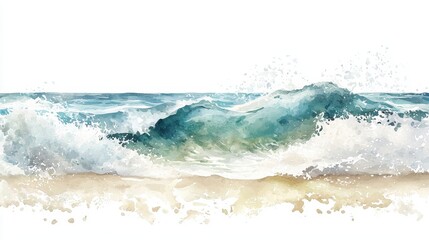 Fototapeta premium A serene watercolor depiction of crashing ocean waves, blending shades of blue and green with a sandy beach foreground.