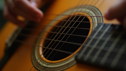 Fototapeta premium Close-Up of Vibrating Strings on Acoustic Guitar: A Detailed Photography Showcase of Musical Performance and Craftsmanship in a Simple, Cute Vector Illustration Style