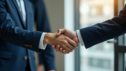 Flat Close up of business people shaking hands symbolizing successful partnership and collaboration in professional business environment. concept as Close up of business people shaking hands symbolizi