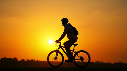 Fototapeta premium Young Man Riding Bicycle at Sunset: Freedom and Adventure in Stock Photo