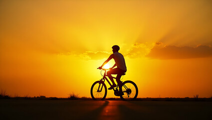 Fototapeta premium Young Man Riding Bicycle at Sunset: Freedom and Adventure in Stock Photo