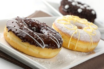Delicious Chocolate, Vanilla, and Dark Chocolate Donuts on White Plate