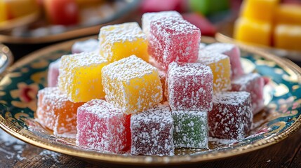 Colorful Turkish Delight Candies with Powdered Sugar on Decorated Plate