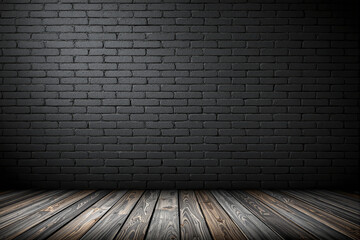 Dark brick wall and wooden floor interior background with dramatic lighting. The contrast between textures creates a modern and industrial design aesthetic. Ai generative