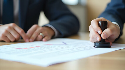 Flat Vector Illustration of a Hand Stamping 'Approved' on Document: A Focused View of Management Approval, Trust, and Compliance in the Workplace or Remote Setting