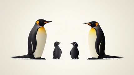 Fototapeta premium King Penguin Family with Antarctic Wildlife, and Cute Birds.